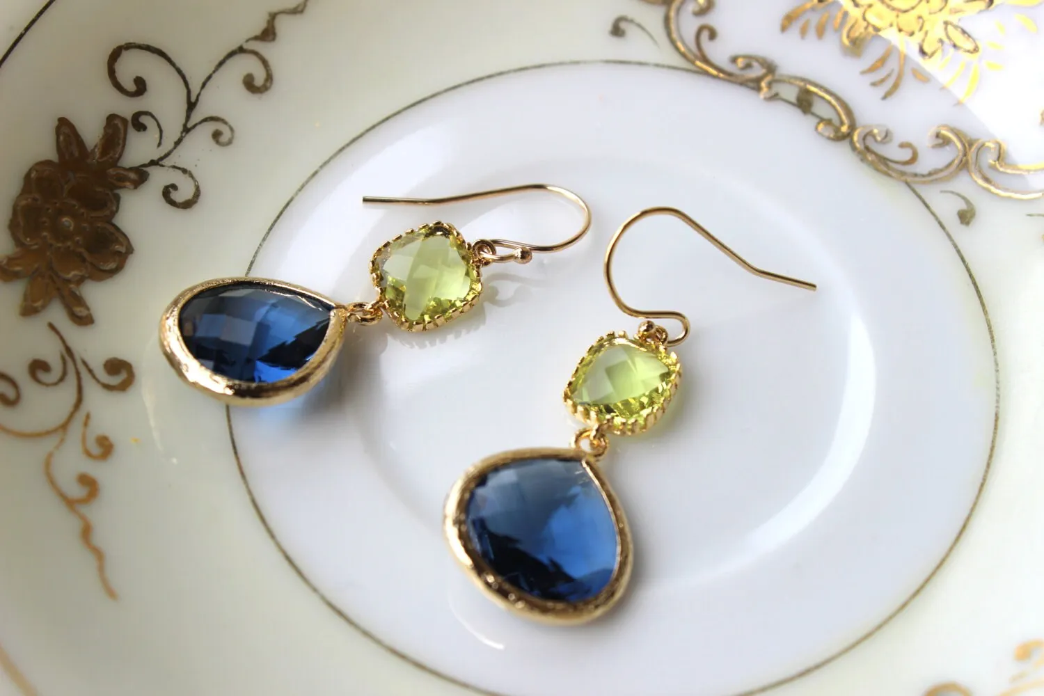 Large Sapphire Navy Earrings Gold Peridot Apple Green Two Tier -  Peridot Navy Bridesmaid Jewelry - Sapphire Wedding Jewelry Christmas Gift