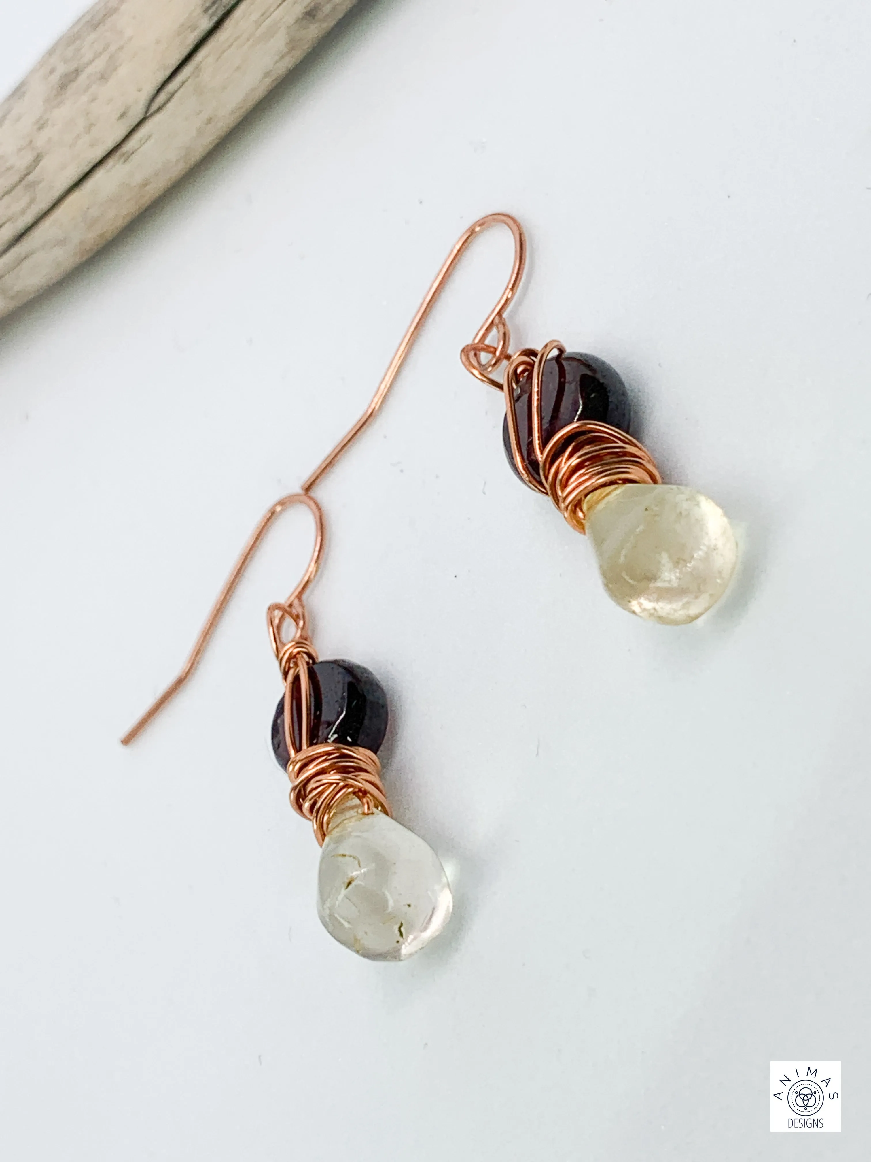 Lemon Quartz and Garnet Copper Earrings. French wired. Pierced.