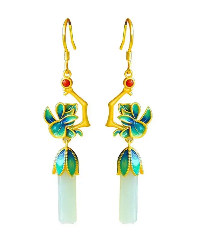 Loose Blue Sterling Silver Inlaid Jade Gem Stone Enamel Orchid Drop Earrings LY8568