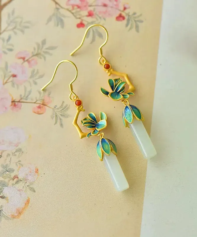 Loose Blue Sterling Silver Inlaid Jade Gem Stone Enamel Orchid Drop Earrings LY8568