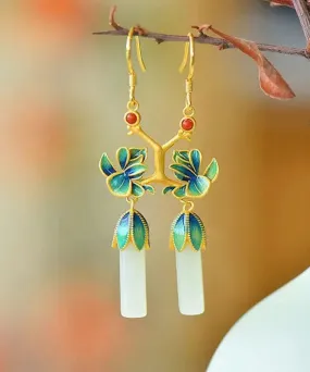 Loose Blue Sterling Silver Inlaid Jade Gem Stone Enamel Orchid Drop Earrings LY8568