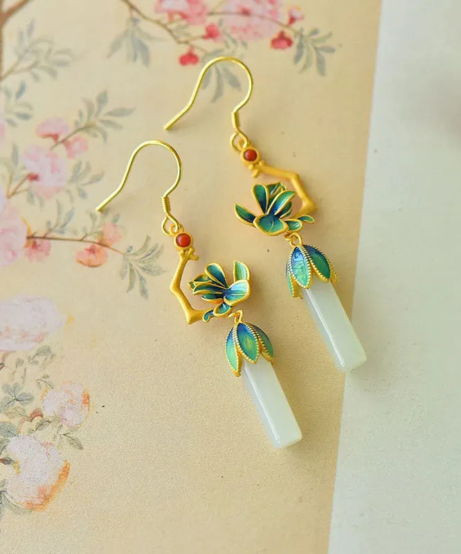 Loose Blue Sterling Silver Inlaid Jade Gem Stone Enamel Orchid Drop Earrings