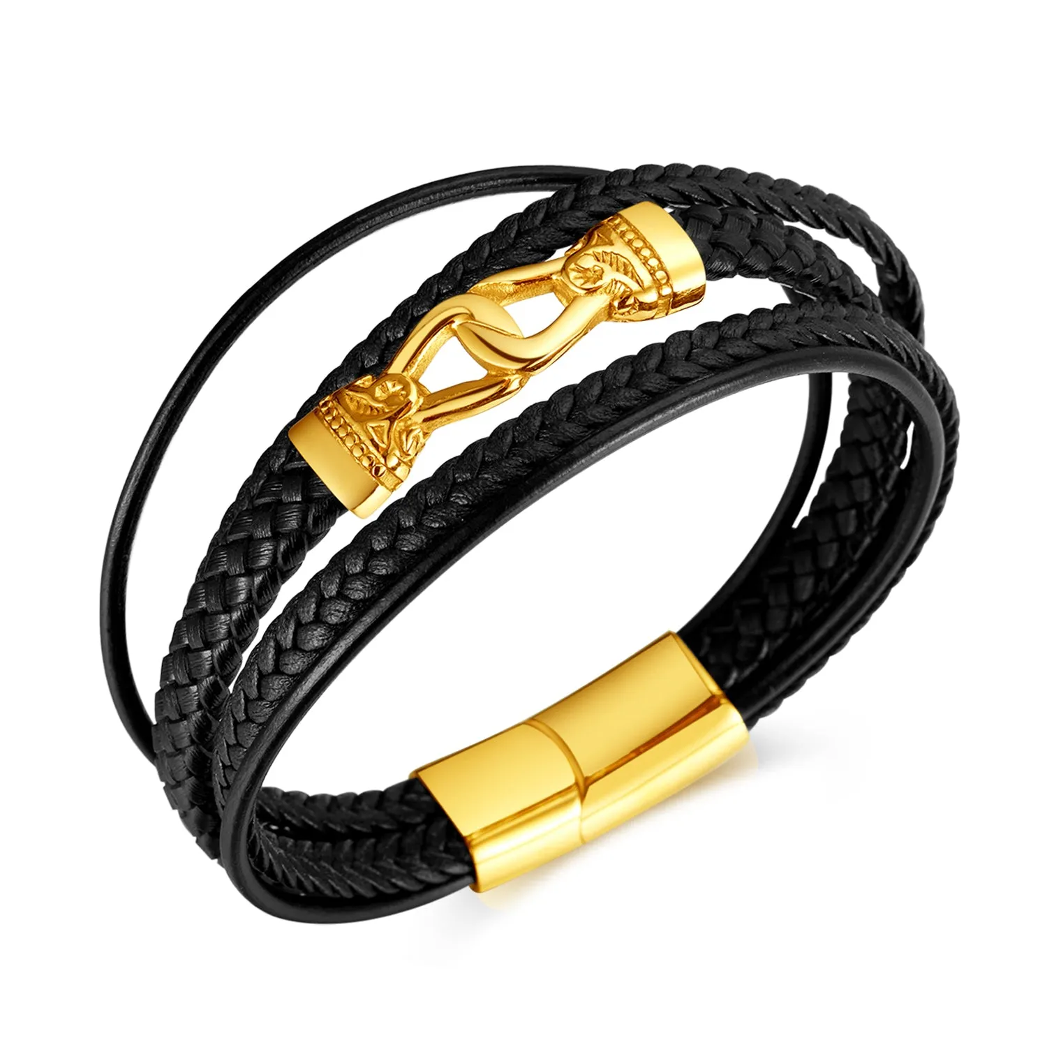 Luxury Men's Black Braided Leather Bracelet with 24K Gold Plated Clasp – Elegant, Secure Fit