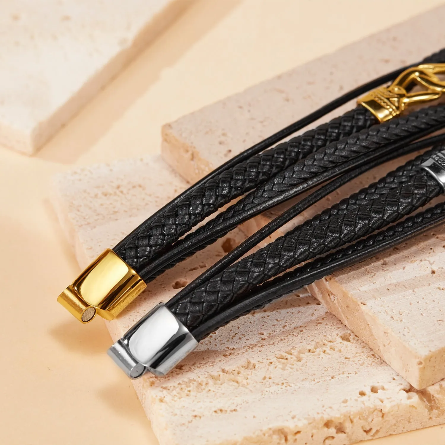 Luxury Men's Black Braided Leather Bracelet with 24K Gold Plated Clasp – Elegant, Secure Fit