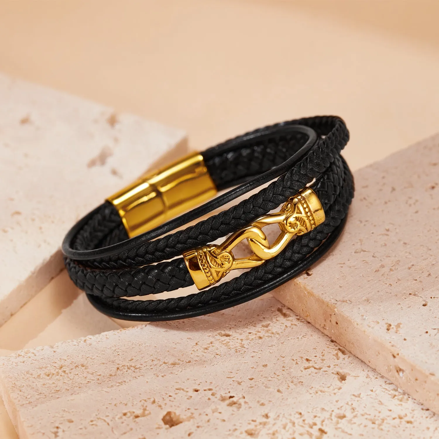 Luxury Men's Black Braided Leather Bracelet with 24K Gold Plated Clasp – Elegant, Secure Fit