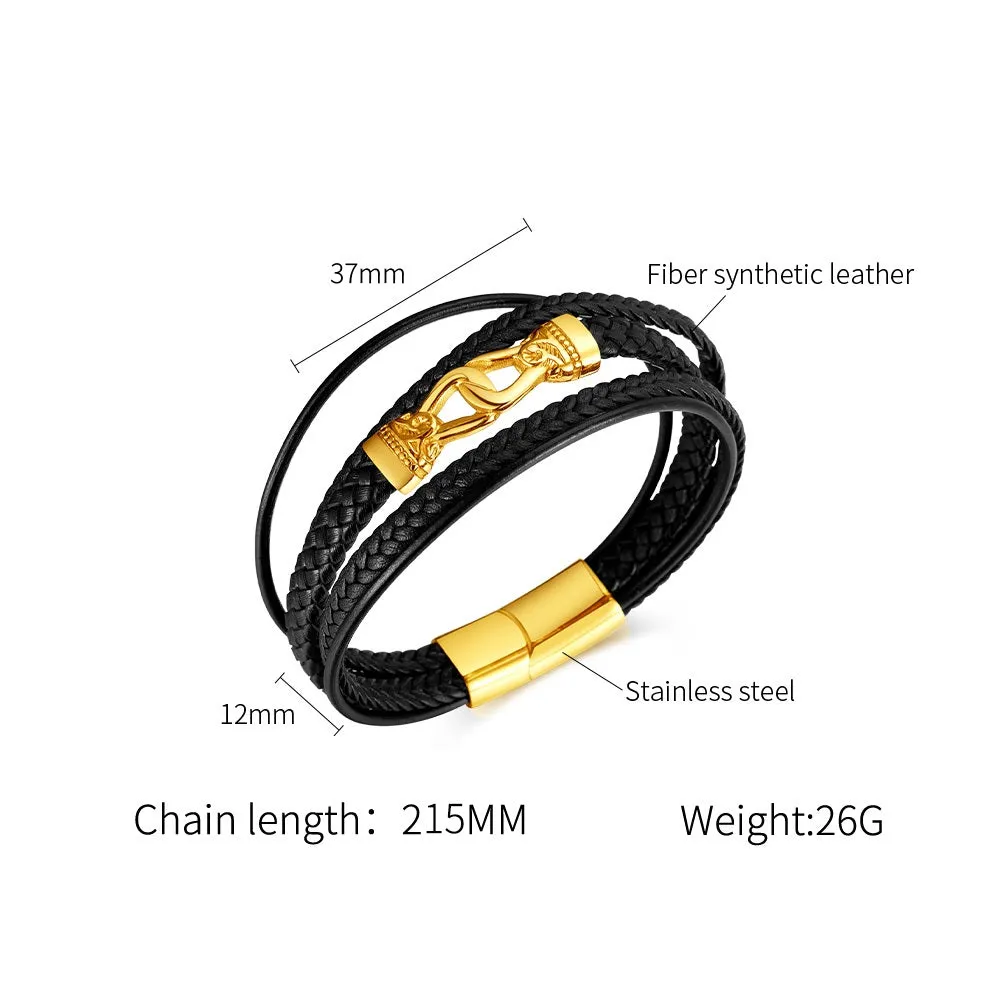 Luxury Men's Black Braided Leather Bracelet with 24K Gold Plated Clasp – Elegant, Secure Fit