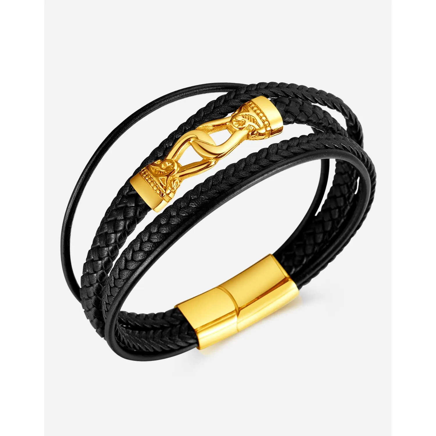 Luxury Men's Black Braided Leather Bracelet with 24K Gold Plated Clasp – Elegant, Secure Fit