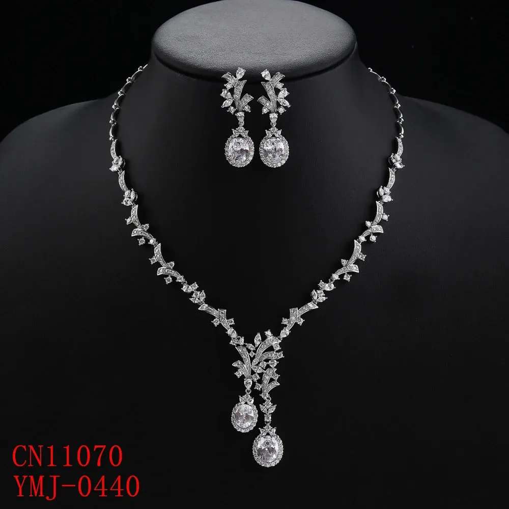 Luxury Women Necklace and Earring Set  Zirconia Silver Color Red and Green Wedding Jewelry Set CN11070