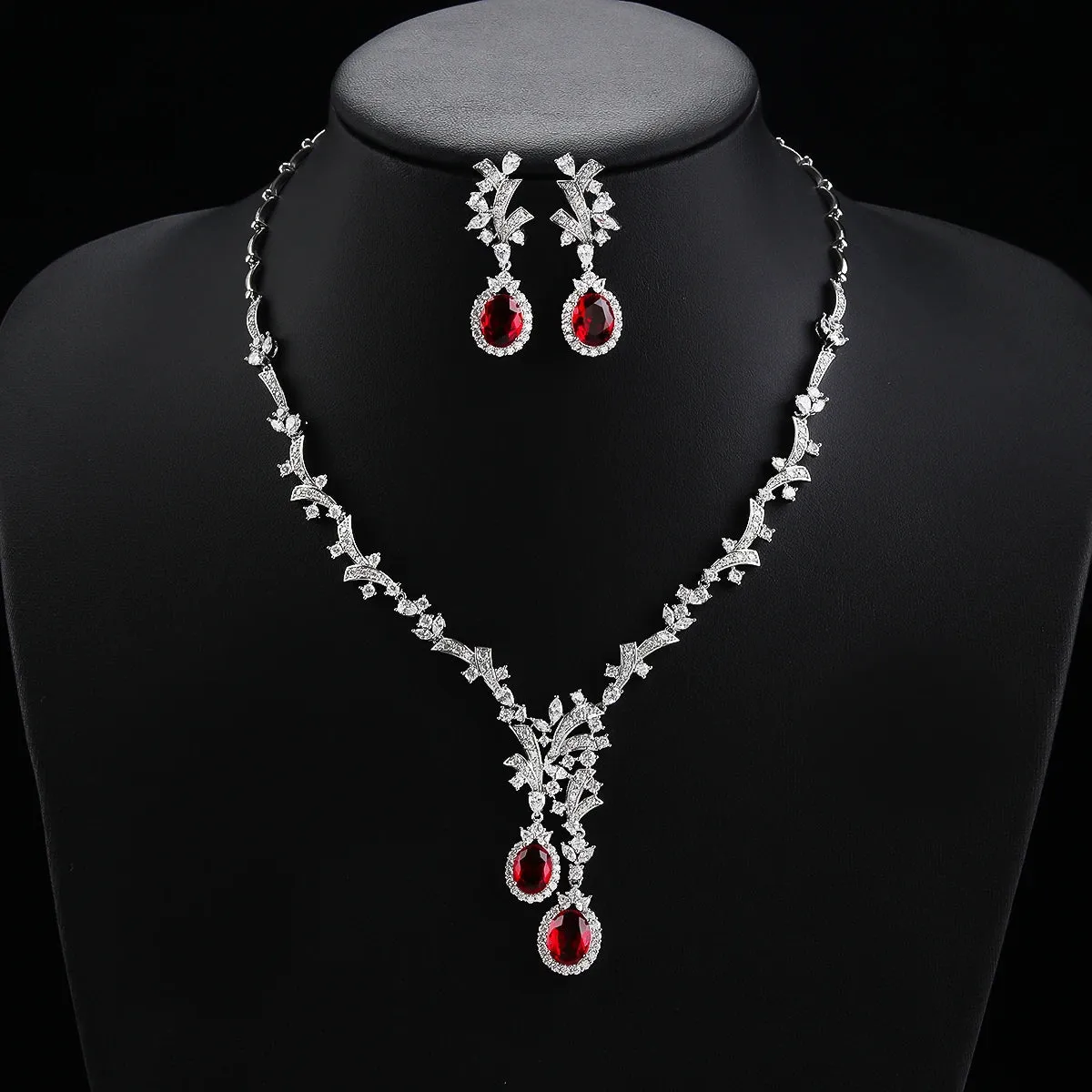 Luxury Women Necklace and Earring Set  Zirconia Silver Color Red and Green Wedding Jewelry Set CN11070