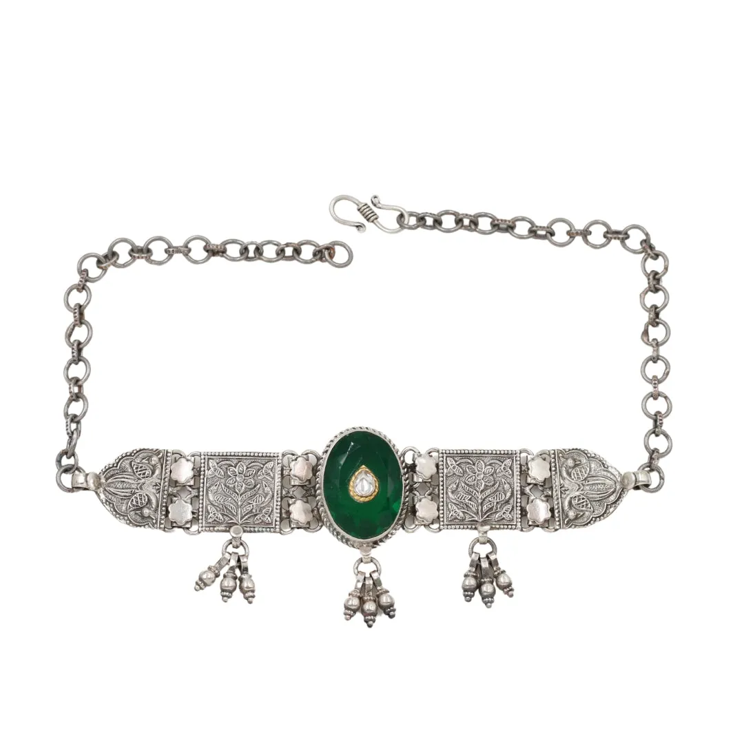 Majestic Glow: Silver Necklace with Emerald Details by Sangeeta Boochra