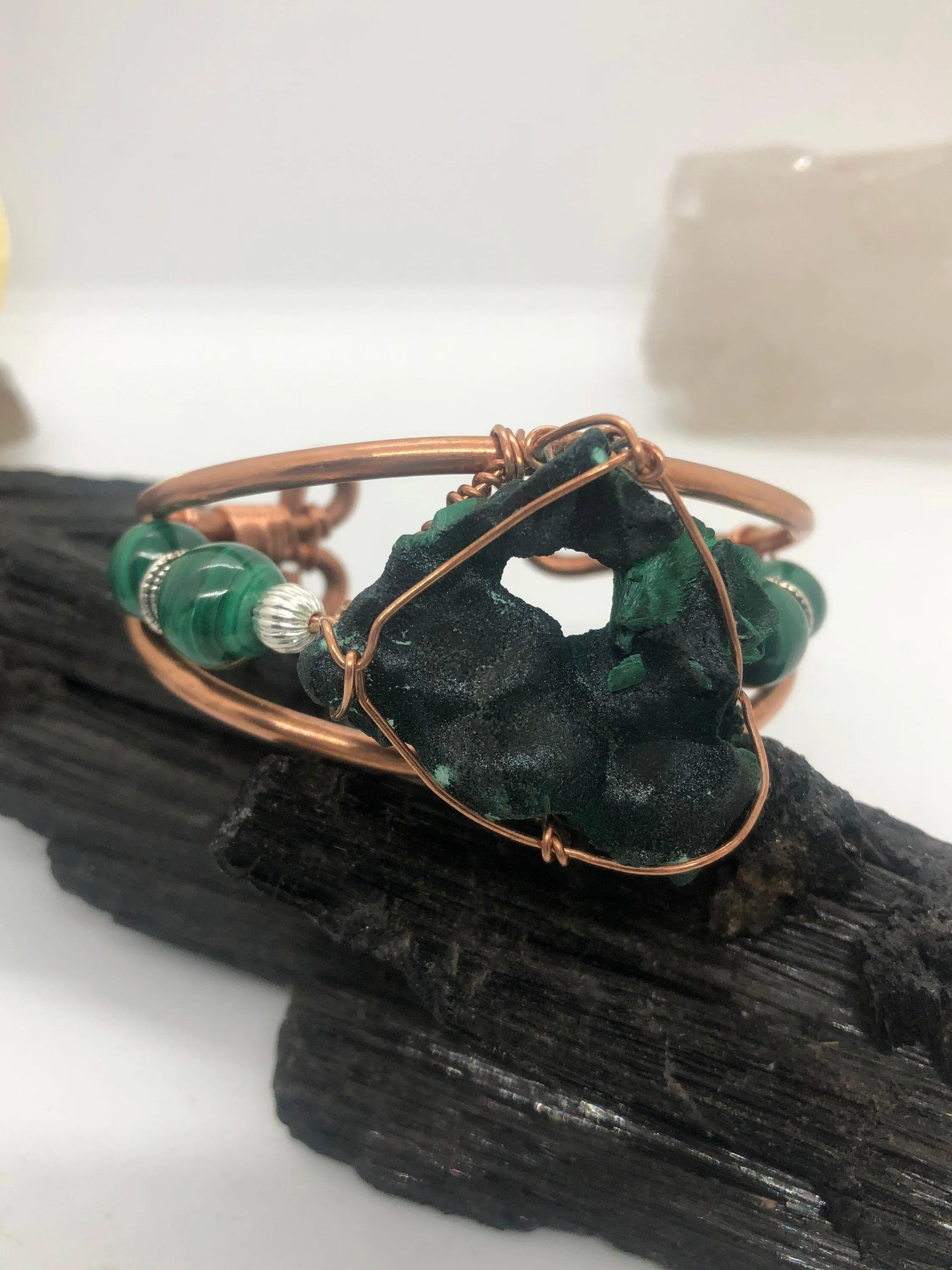 Malachite Fibrous Crystal with Malachite Side Stones Copper Bracelet Wirewrapped