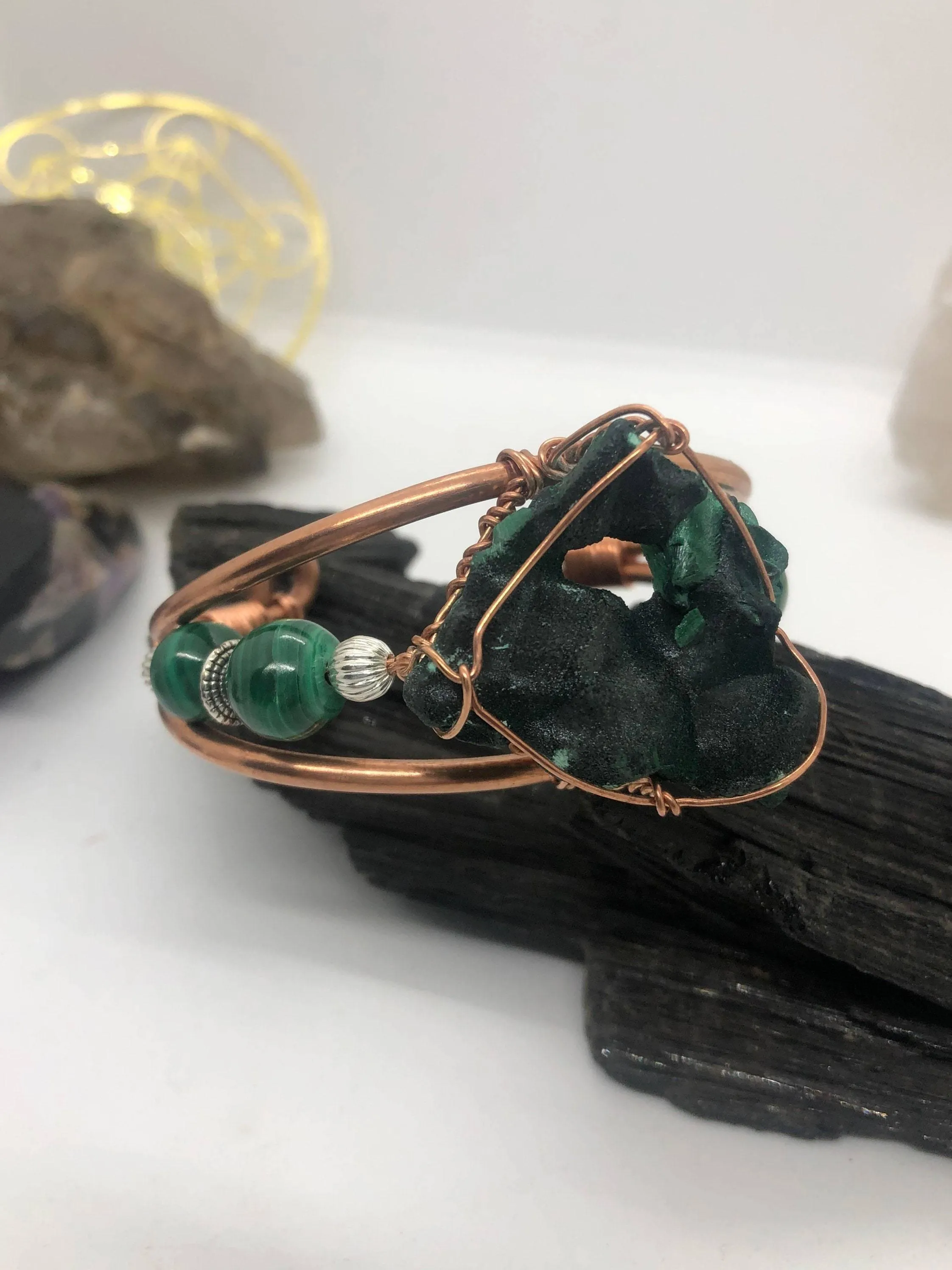 Malachite Fibrous Crystal with Malachite Side Stones Copper Bracelet Wirewrapped