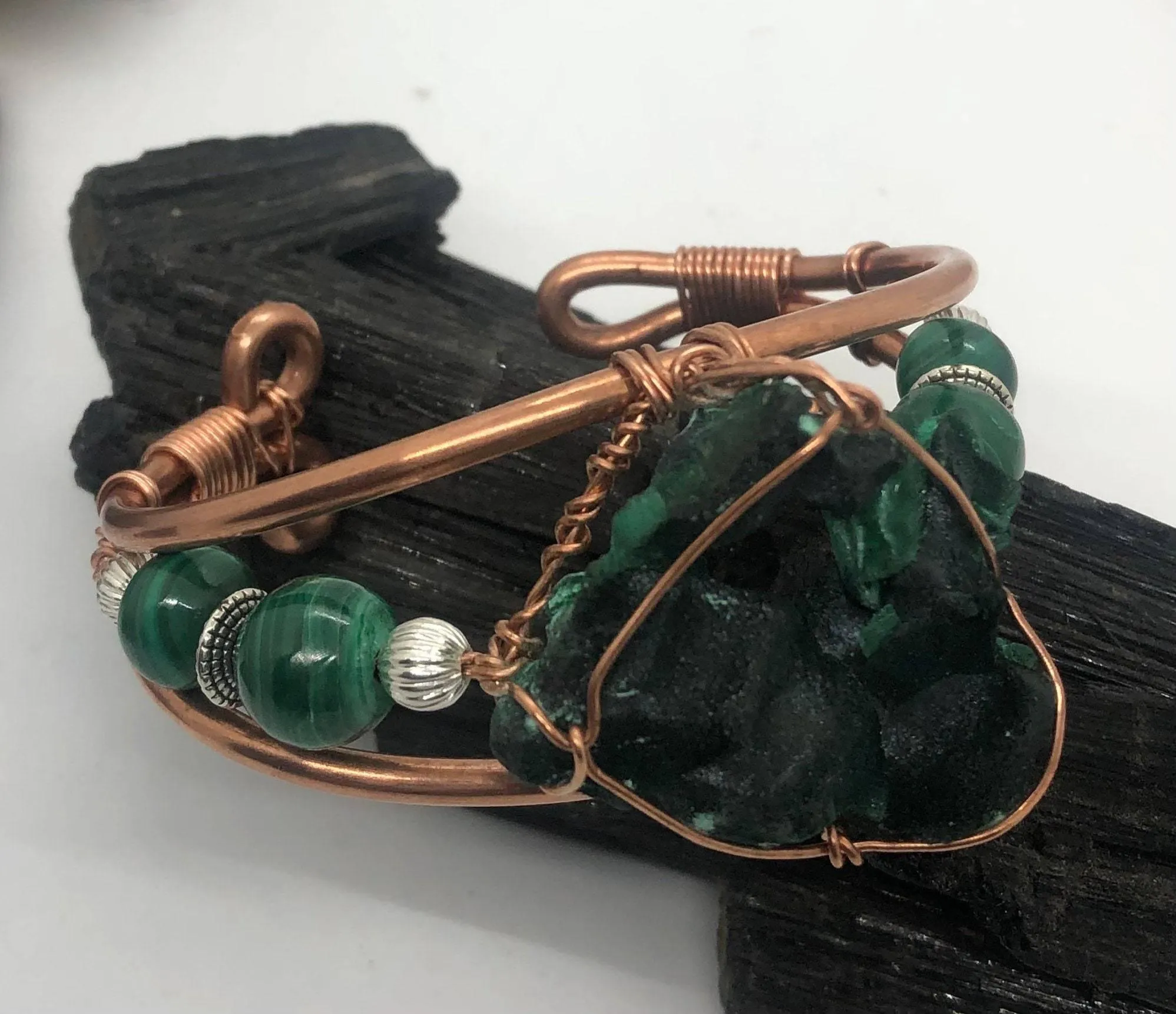 Malachite Fibrous Crystal with Malachite Side Stones Copper Bracelet Wirewrapped