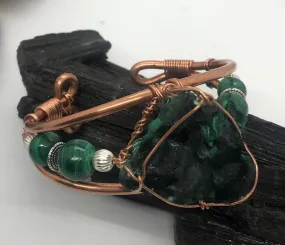 Malachite Fibrous Crystal with Malachite Side Stones Copper Bracelet Wirewrapped