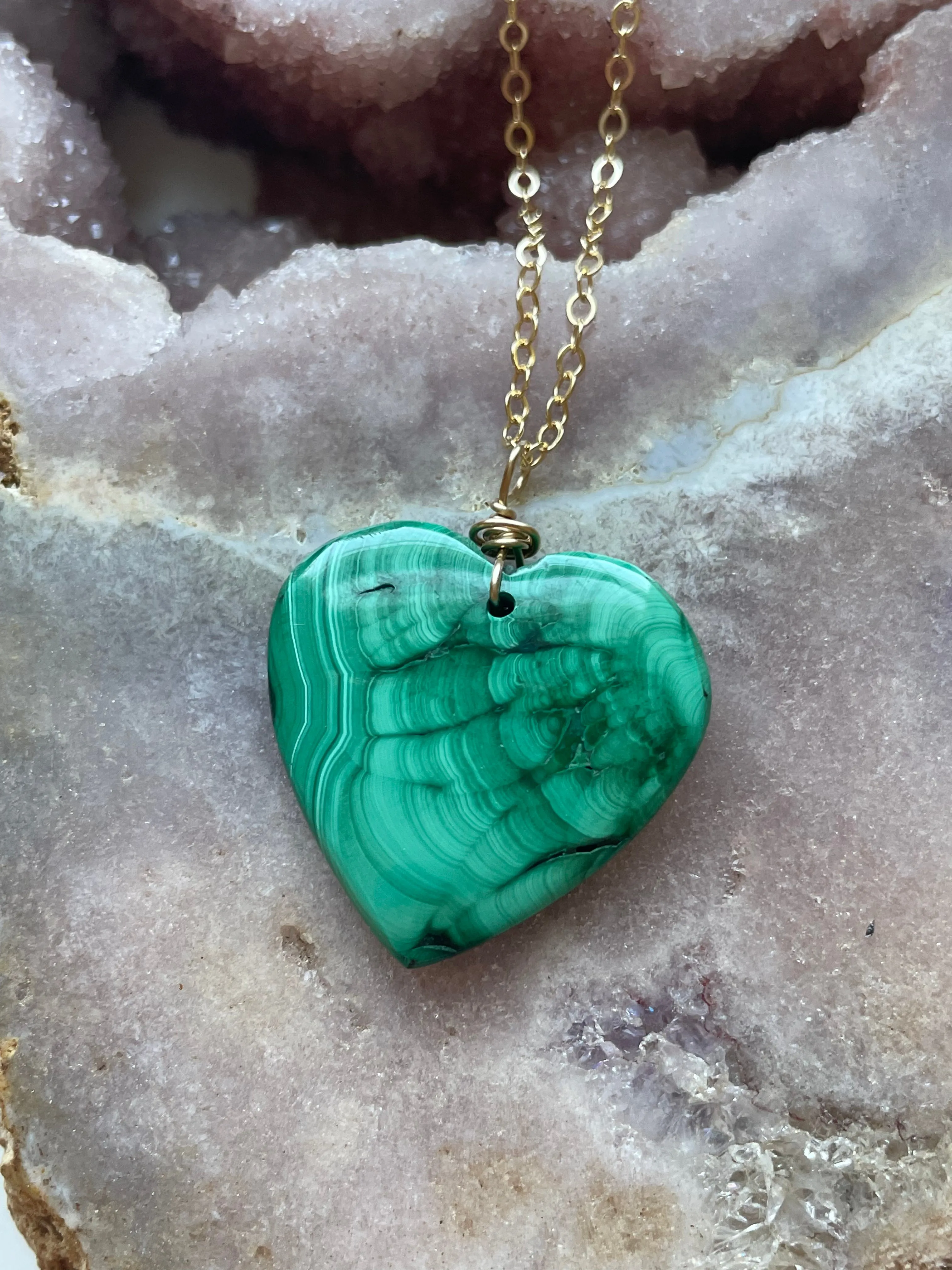 Malachite Heart Crystal Pendant Necklace 14kt Gold Filled 16”