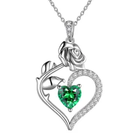 May Emerald Necklace Women Heart Birthstone Pendant Flower Rose Jewelry Birthday Gifts