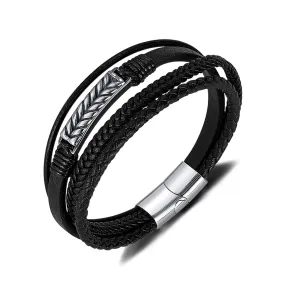 Men's Multi-Strand Leather Bracelet with Stainless Steel Arrow Detail - Stylish and Versatile Accessory