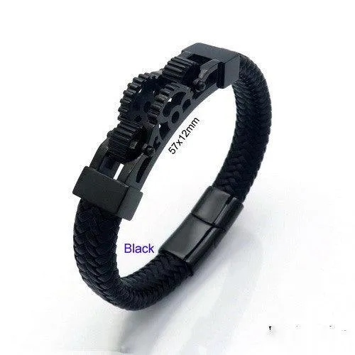 Men's Titanium Steel Motorcycle Gear Braided Leather Bracelet