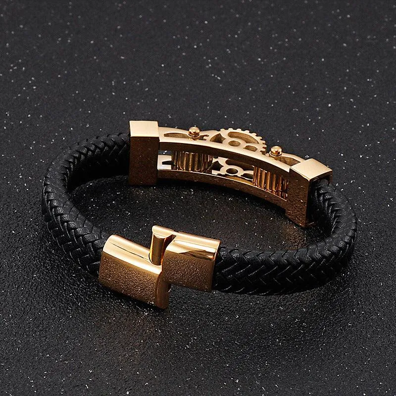 Men's Titanium Steel Motorcycle Gear Braided Leather Bracelet