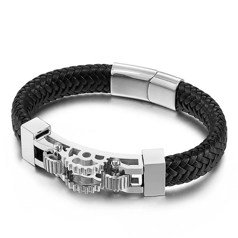 Men's Titanium Steel Motorcycle Gear Braided Leather Bracelet