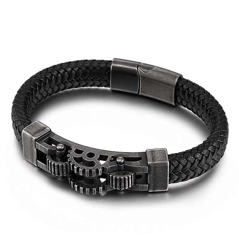 Men's Titanium Steel Motorcycle Gear Braided Leather Bracelet