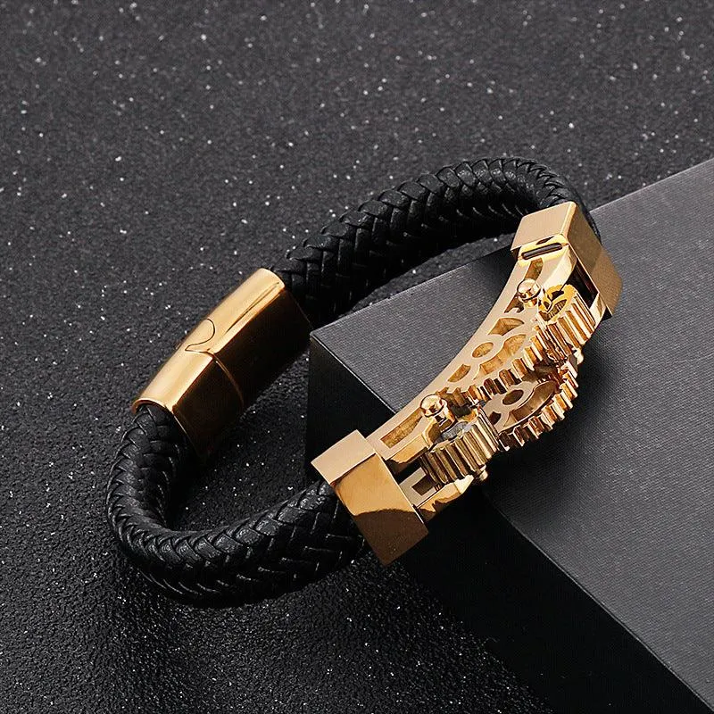 Men's Titanium Steel Motorcycle Gear Braided Leather Bracelet