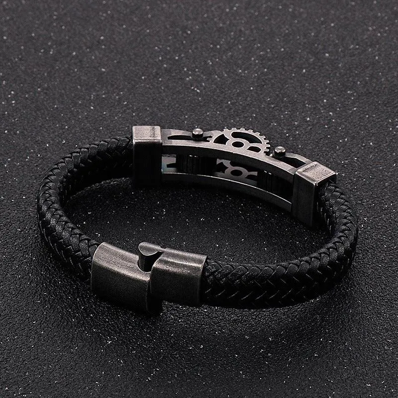 Men's Titanium Steel Motorcycle Gear Braided Leather Bracelet