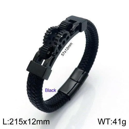 Men's Titanium Steel Motorcycle Gear Braided Leather Bracelet