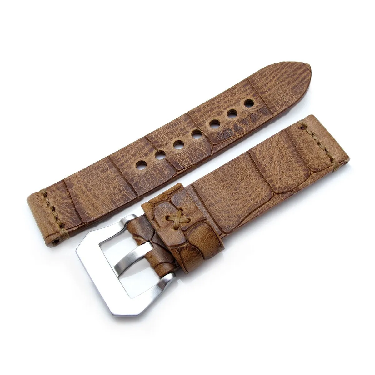 MiLTAT Zizz Collection 22mm Cracked Croco Middle Brown Watch Strap, Brown Stitching