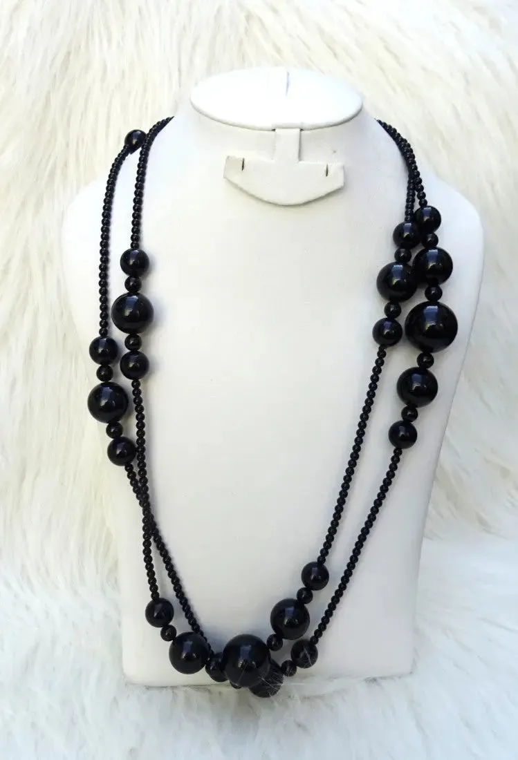 Mixed Size Black Versatile Styling Extra Long Beads Necklace Jewellery