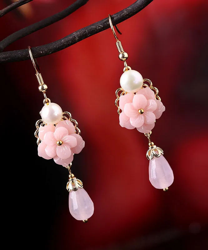 Modern Pink Overgild Jade Pearl Synthetic Flower Drop Earrings LY2292