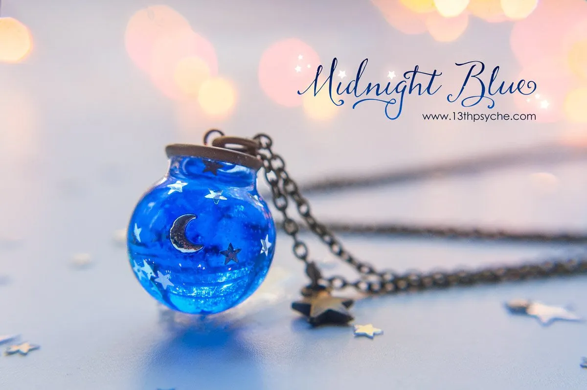 Moon and stars blue sphere necklace