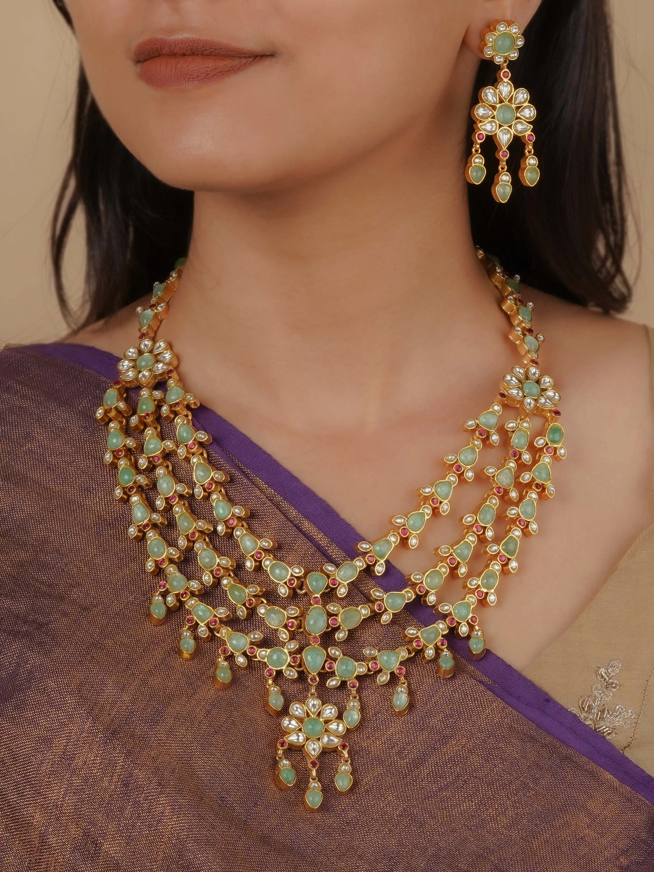 Multicolor Gold Plated Thappa Jadau Kundan Necklace Set - TJ-S127M