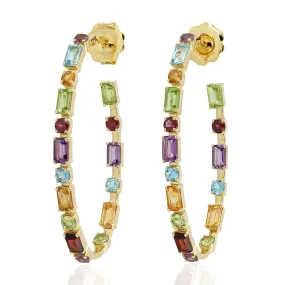 Natural Amethyst,Citrine,Garnet Hoop Earrings 18K Yellow Gold Jewelry Gift