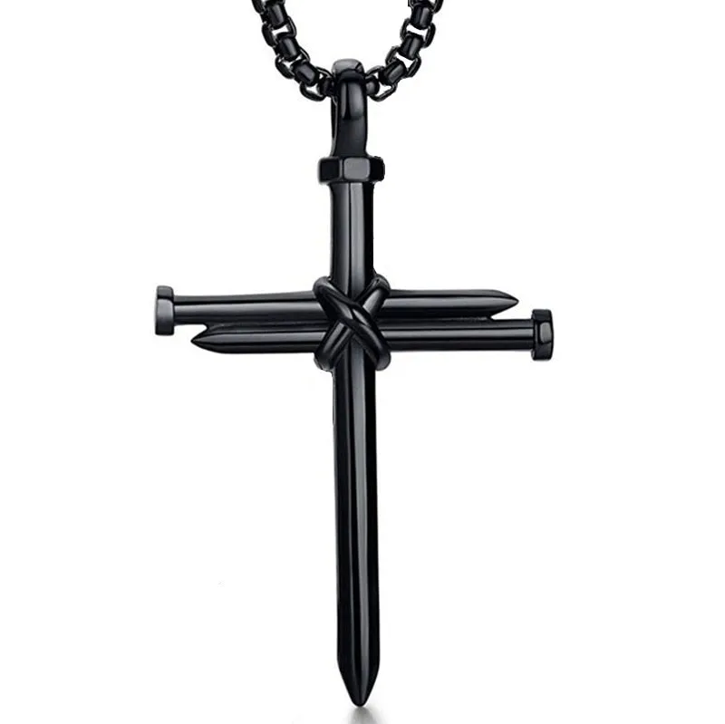 New Fashion Cross Necklace Men Punk Nail Styling Pendant Black Gold Silver Color Chain Creative Necklace Gifts