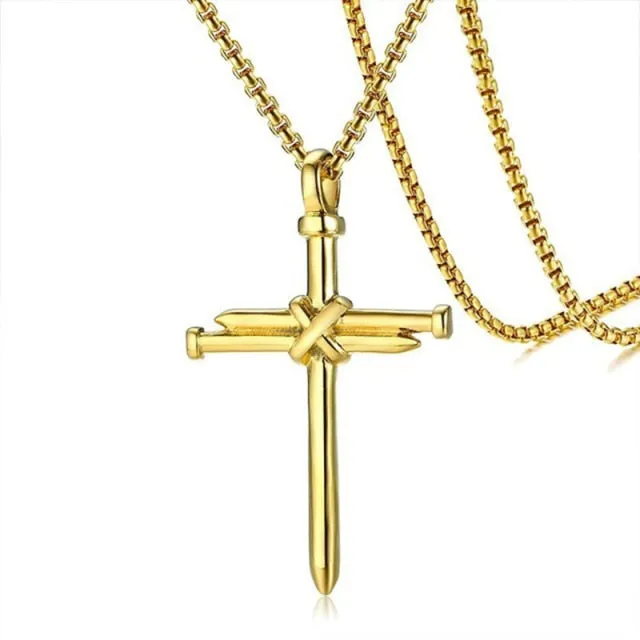 New Fashion Cross Necklace Men Punk Nail Styling Pendant Black Gold Silver Color Chain Creative Necklace Gifts