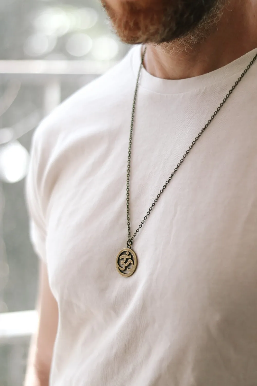 Om necklace for men, chain necklace with a bronze tone Ohm pendant, Yoga necklace, festival jewelry