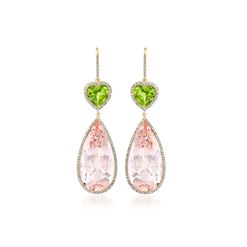 One-of-a-Kind Peridot Heart and Morganite Teardrop Earrings