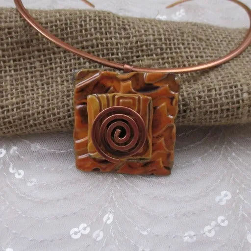 Orange  Choker Necklace Handmade  Raku Pendant Copper Neck Ring