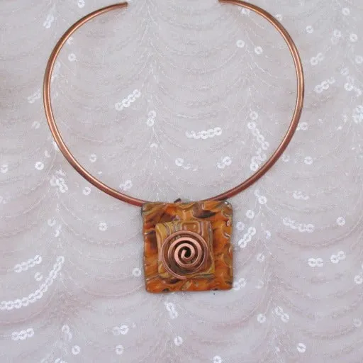 Orange  Choker Necklace Handmade  Raku Pendant Copper Neck Ring