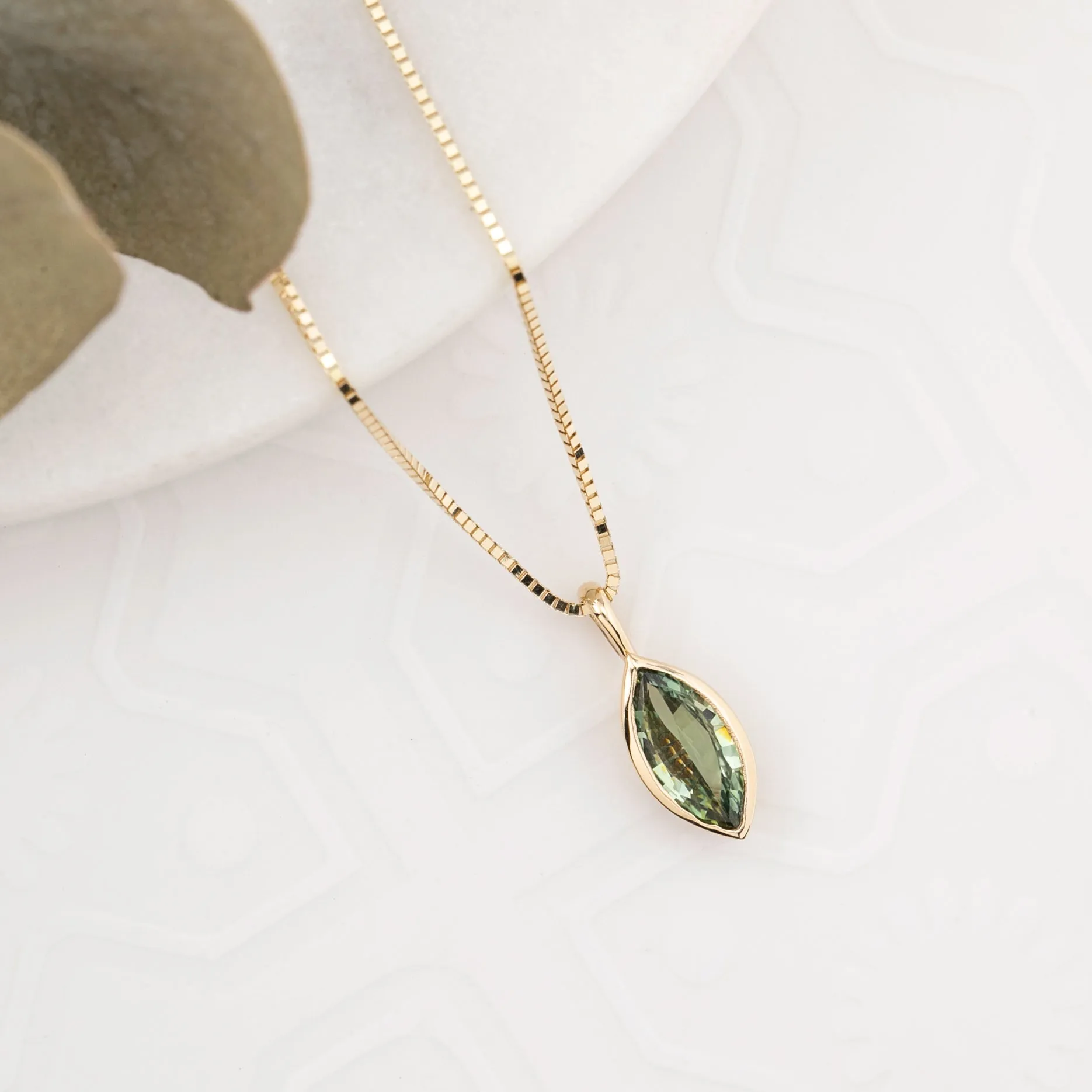 Patia Bezel Necklace Green Marquise Sapphire, 14k Yellow Gold, One of a kind