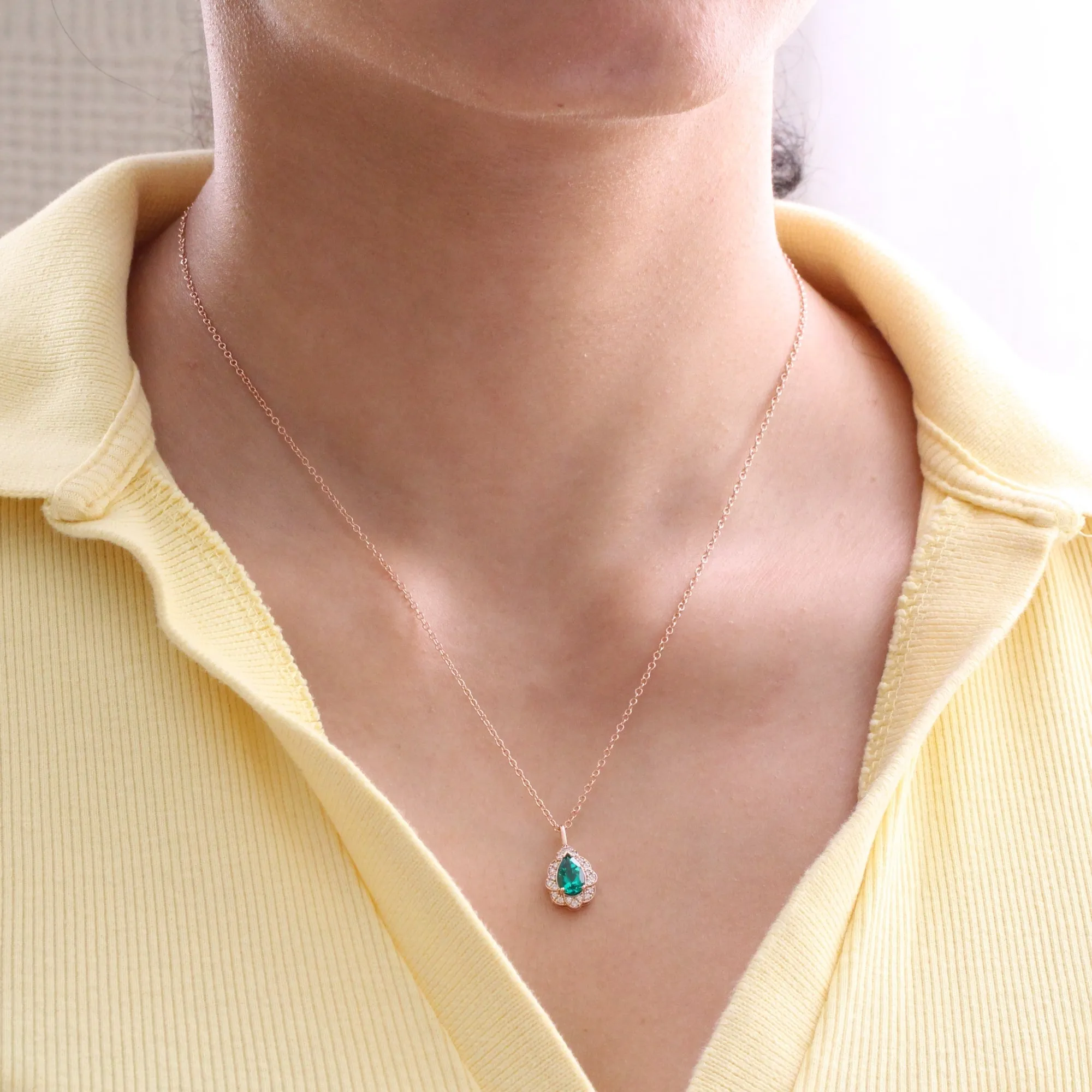 Pear Emerald Diamond Necklace in 14k Gold Vintage Floral Halo Pendant