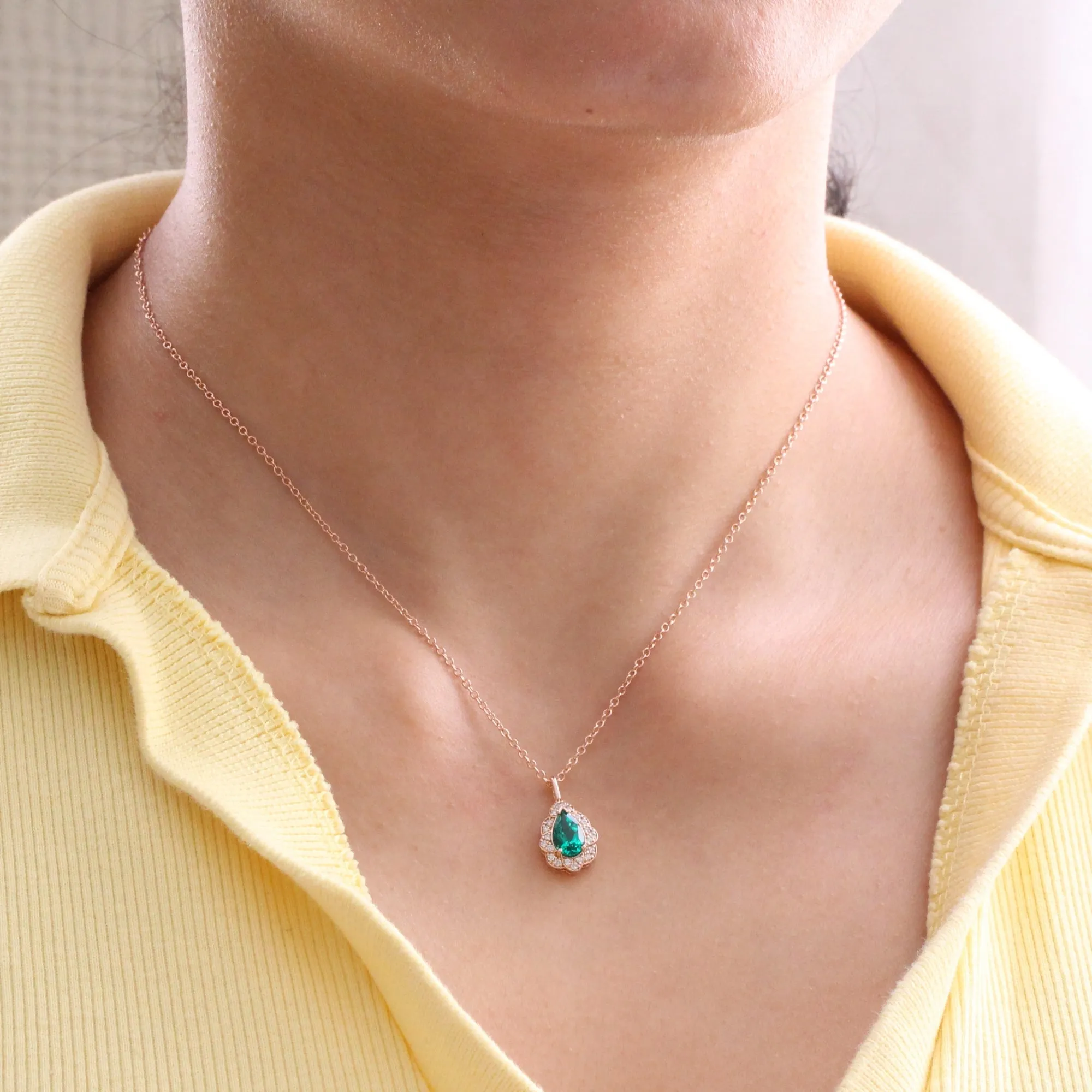 Pear Emerald Diamond Necklace in 14k Gold Vintage Floral Halo Pendant