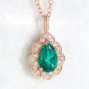 Pear Emerald Diamond Necklace in 14k Gold Vintage Floral Halo Pendant