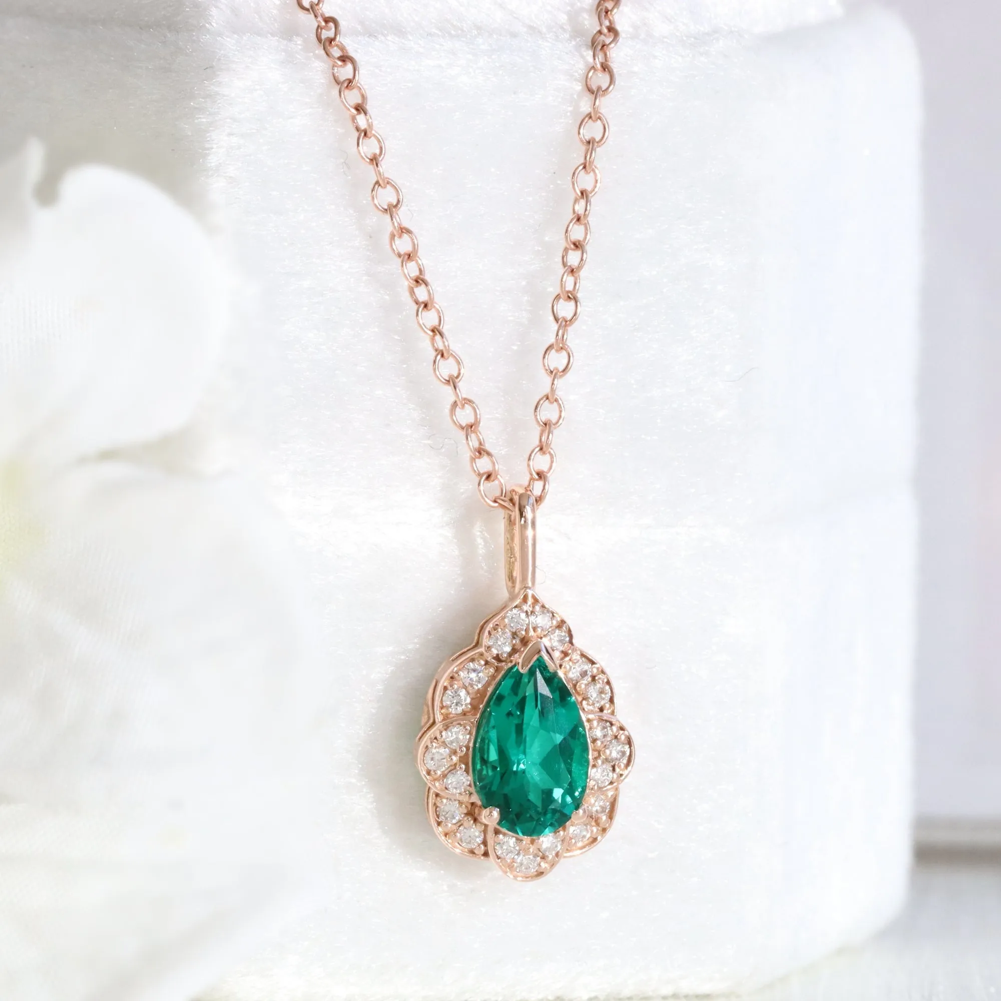 Pear Emerald Diamond Necklace in 14k Gold Vintage Floral Halo Pendant