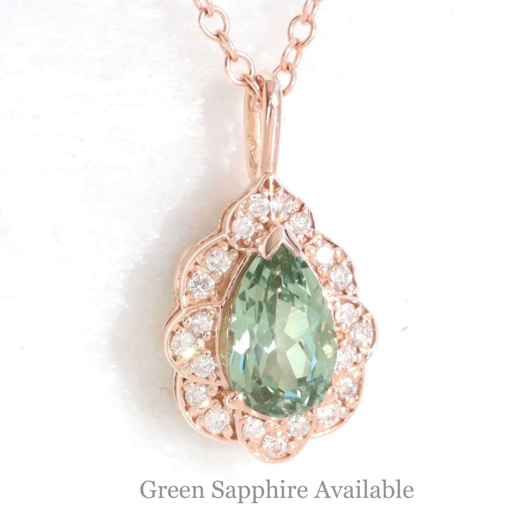 Pear Emerald Diamond Necklace in 14k Gold Vintage Floral Halo Pendant