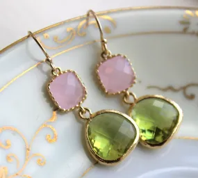 Peridot Earrings Green Pink Opal Gold Plated - Bridesmaid Earrings Wedding Apple Green Light Pink Bridesmaid Jewelry Gift - Gold Accessories