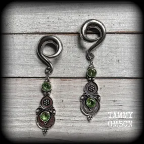 Peridot gauged earrings-Boho gemstone ear hangers