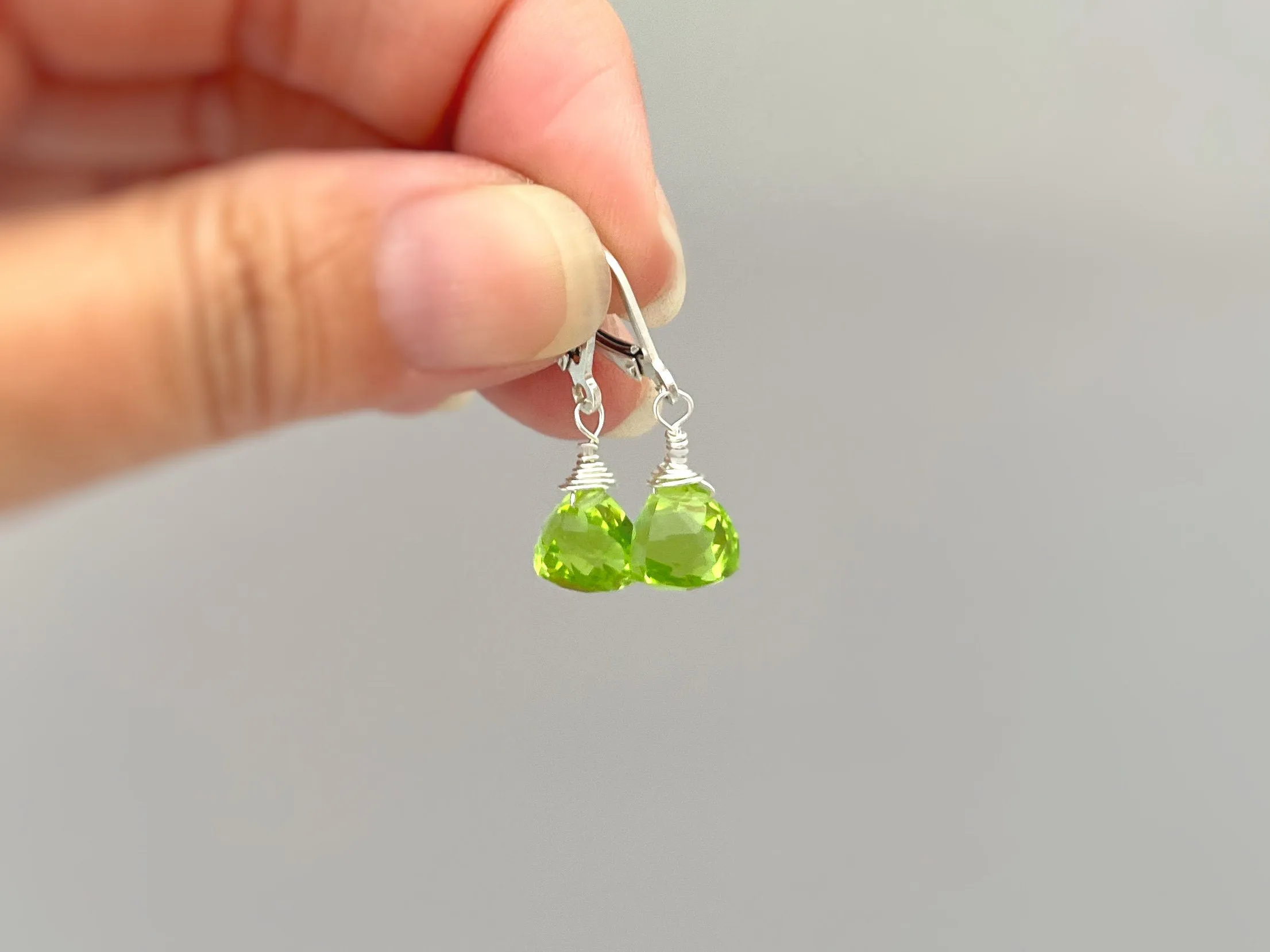 Peridot Green Gemstone Earrings dangle sterling silver, gold rose gold