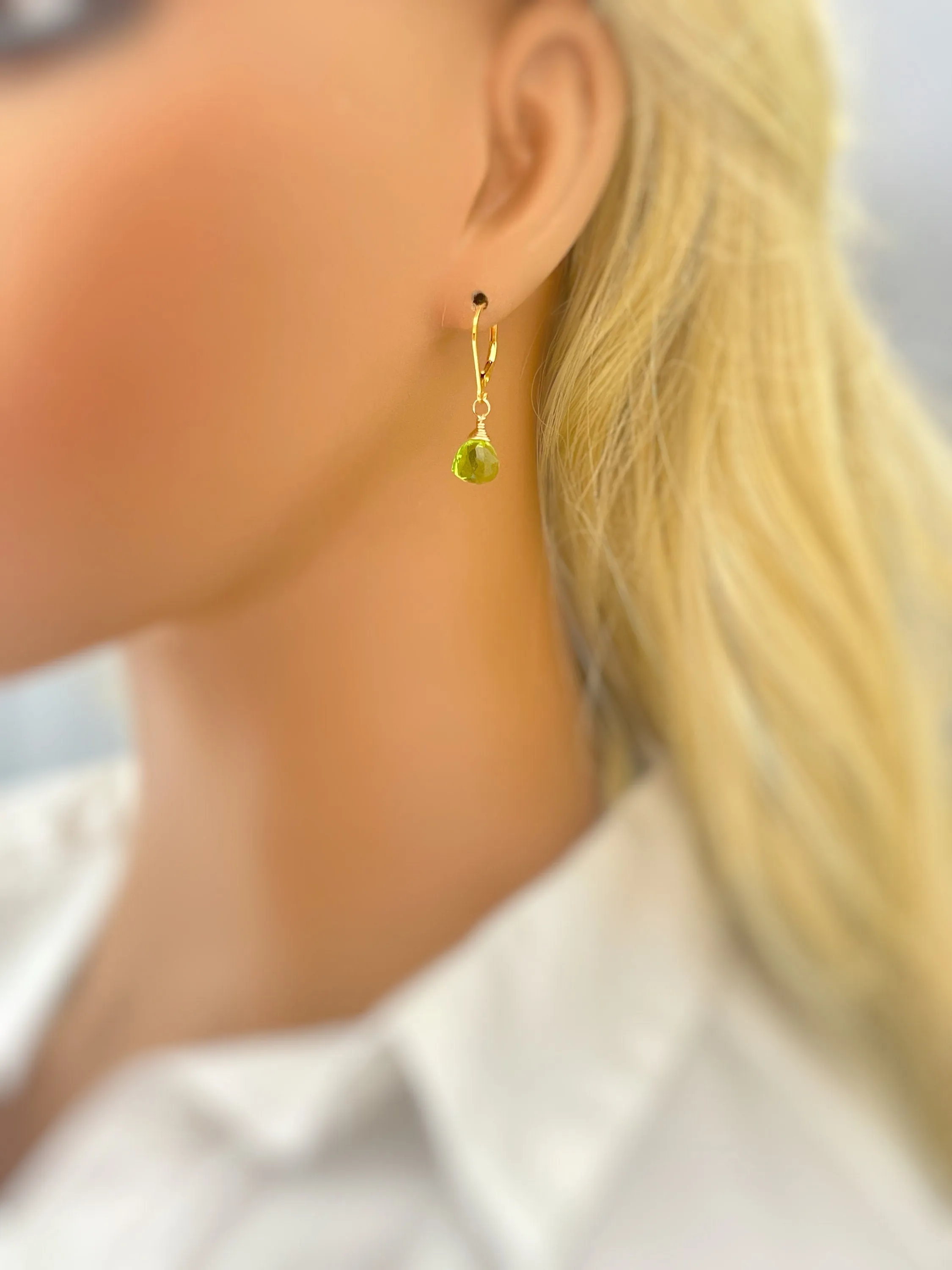 Peridot Green Gemstone Earrings dangle sterling silver, gold rose gold